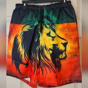 Men's Lion Graphic Swim Shorts in Red/Orange/Green